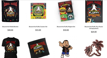 8 Gabriel Iglesias merchandises including a small sticker of Gabe in cartoon form.